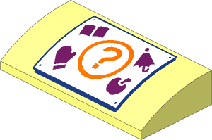 Slope Brick Curved  2 x  4 with Underside Studs with White Sign, Orange Question Mark, Dark Azure Book, Umbrella, Mitten and Apple Pattern