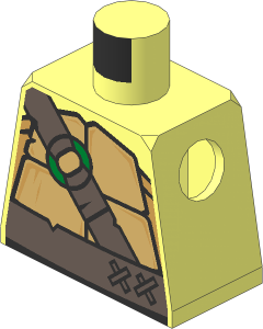 Minifig Torso with Tan and Dark Tan Turtle Shell and Dark Brown Belt with Strap and Gold Ring Pattern