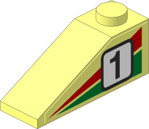 Slope Brick 33  3 x  1 with Red/Green Triangles and Racing Number "1" Left Sticker