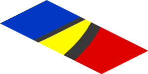 ~Sticker  0.8 x  1.9 with Blue and Yellow Trapezoid on Red Background Left - Second Face