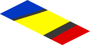 ~Sticker  0.8 x  1.9 with Blue and Yellow Trapezoid on Red Background Left - Fourth Face