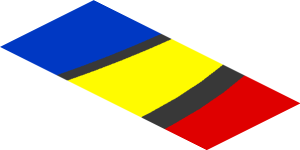 ~Sticker  0.8 x  1.9 with Blue and Yellow Trapezoid on Red Background Left - Third Face