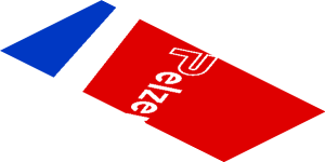 ~Sticker  0.8 x  1.9 with White Adler Pelzer Logo and Blue Triangle on Red Background Left - Third Face