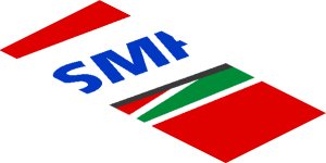 ~Sticker  0.8 x  1.9 with Blue SMP Racing Logo in White Stripe on Red Background Right - Fourth Face