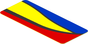 Sticker  0.8 x  1.9 with Blue and Yellow Trapezoid on Red Background Left
