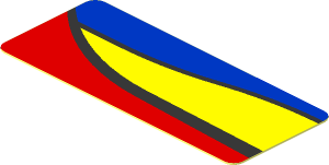 Sticker  0.8 x  1.9 with Blue and Yellow Trapezoid on Red Background Right