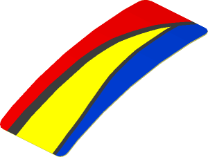 Sticker  0.8 x  1.9 with Blue and Yellow Trapezoid on Red Background Right (Formed)