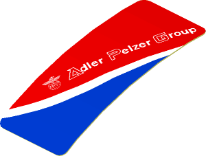 Sticker  0.8 x  1.9 with White Adler Pelzer Logo and Blue Triangle on Red Background Right (Formed)