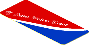 Sticker  0.8 x  1.9 with White Adler Pelzer Logo and Blue Triangle on Red Background Left