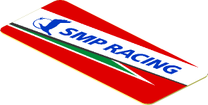 Sticker  0.8 x  1.9 with Blue SMP Racing Logo in White Stripe on Red Background Left