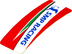 Sticker  0.8 x  1.9 with Blue SMP Racing Logo in White Stripe on Red Background Left (Formed)
