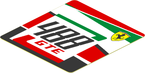 Sticker  1.9 x  1.8 with 488 GTE Logo and Ferrari Badge on Black and Red Background Right