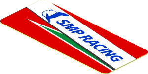 Sticker  0.8 x  1.9 with Blue SMP Racing Logo in White Stripe on Red Background Right