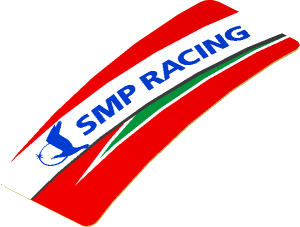 Sticker  0.8 x  1.9 with Blue SMP Racing Logo in White Stripe on Red Background Right (Formed)