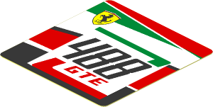 Sticker  1.9 x  1.8 with 488 GTE Logo and Ferrari Badge on Black and Red Background Left