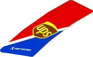 Sticker  1.8 x  3.8 with UPS Logo on Blue Triangle on Red Background (Formed)