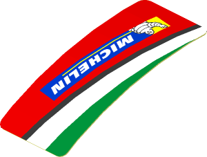 Sticker  0.8 x  1.9 with Michelin Logo and Green Triangle on Red Background Right (Formed)