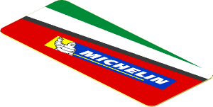 Sticker  0.8 x  1.9 with Michelin Logo and Green Triangle on Red Background Left