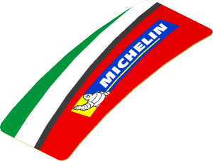 Sticker  0.8 x  1.9 with Michelin Logo and Green Triangle on Red Background Left (Formed)