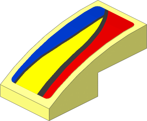 Slope Brick Curved  2 x  1 with Blue and Yellow Trapezoid on Red Background Left Sticker