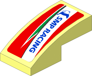 Slope Brick Curved  2 x  1 with Blue SMP Racing Logo in White Stirpe on Red Background Left Sticker