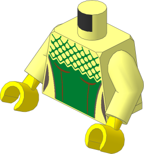 Minifig Torso with Arms and Hands with Gold Dress and Veil Top, Dark Brown Trim Pattern