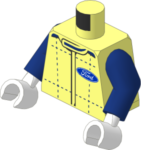 Minifig Torso with Arms and Hands with Race Suit with Ford Logo, Dark Blue Crosses and Dots and Black Stripes Pattern