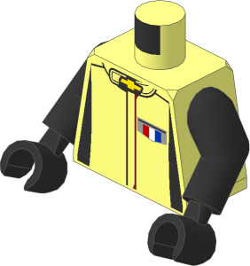 Minifig Torso with Arms and Hands with Race Suit with Chevrolet Camaro Logos and Black Stripes Pattern