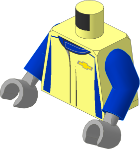 Minifig Torso with Arms and Hands with Race Suit with Chevrolet Racing Logos and Blue Stripes Pattern