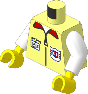 Minifig Torso with Arms and Hands with White Shirt, Red Collar, Black Zip, Badge and Coast Guard (1996) Logo Pattern