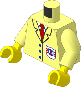 Minifig Torso with Arms and Hands with White Shirt, Red Tie, Black Suit Outline and Three Blue Buttons and Coast Guard (1996) Logo Pattern