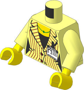 Minifig Torso with Arms and Hands with Suit Jacket with Dark Red Pinstripes, Metallic Gold Necklace, Black Shirt and Press Badge Pattern