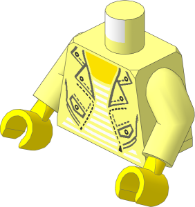 Minifig Torso with Arms and Hands with Leather Jacket, Silver Snaps, Zipper and White Striped Shirt Pattern