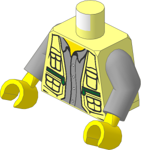 Minifig Torso with Arms and Hands with Leather Vest with Zipped Pockets, Light Bluish Grey Shirt and Knife on Back Pattern