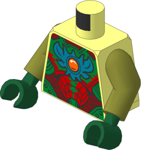 Minifig Torso with Olive Green Arms and Dark Green Hands with Dark Red, Red and Gold Armour and Fire Chi Emblem Pattern