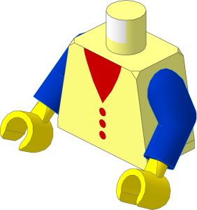 Minifig Torso with Blue Arms and Hands with Red V-Neck and Buttons Pattern