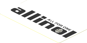 Sticker  1.8 x  3.8 with Black "ALL FOR ONE allinol" on White Background