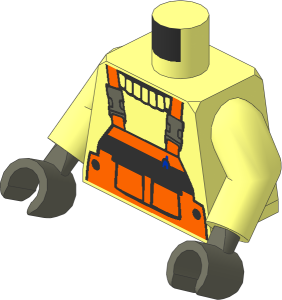 Minifig Torso with Arms and Dark Bluish Grey Hands with Orange Dungarees, Sweater, Blue Pen in Pocket Pattern