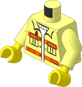 Minifig Torso with Arms and Hands with Jacket with Pockets & Pen over Sweater, Orange Stripes Pattern