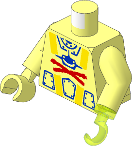Minifig Torso with Arms, Right Hand and Trans Neon Green Left Hook Hand with Aquashark Blue Shark with Red 'X' Pattern