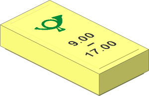 Tile  1 x  2 with Golden Post Horn and "9.00 - 17.00" Sticker