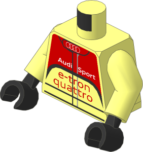 Minifig Torso with Arms and Hands with Race Suit with "Audi Sport e-tron quattro" Logos and Red and White Pattern