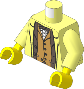 Minifig Torso with Arms and Hands with Trench Coat over Dark Brown Suit Jacket and Bow Tie, Dark Tan Vest and White Shirt Pattern