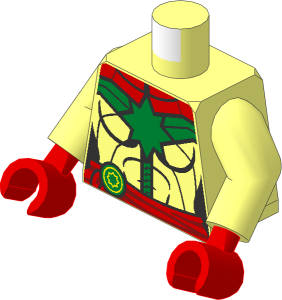Minifig Torso with Arms and Hands with Female Gold Star and Zipper and Red Tied Sash and Muscles Outline Pattern