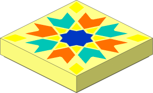Tile  2 x  2 with Orange and Dark Turquoise Chevrons, Yellow Diamonds and Blue Star Pattern