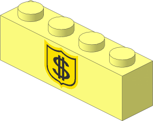 Brick  1 x  4 with Black Dollar Sign on Yellow Badge Pattern