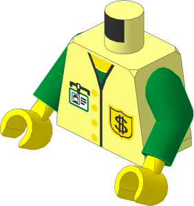 Minifig Torso with Arms and Hands with Vest with Buttons, ID Badge and Dollar Sign Badge Pattern