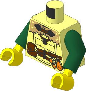 Minifig Torso with Arms and Hands with Tan Fur Cloak with Deer on Back, Reddish Brown Belts and Pouches and Light Blue Bottle Pattern