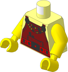 Minifig Torso with Arms and Hands with Dark Red Overalls with Tools, Bead Necklace, Medium Nougat Belt and Helmet and Crossed Hammers on Back Pattern