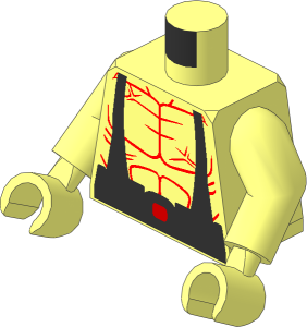 Minifig Torso with Arms and Hands with Black Suspenders, Silver Belt, Muscles Outline and Lime Hoses Pattern